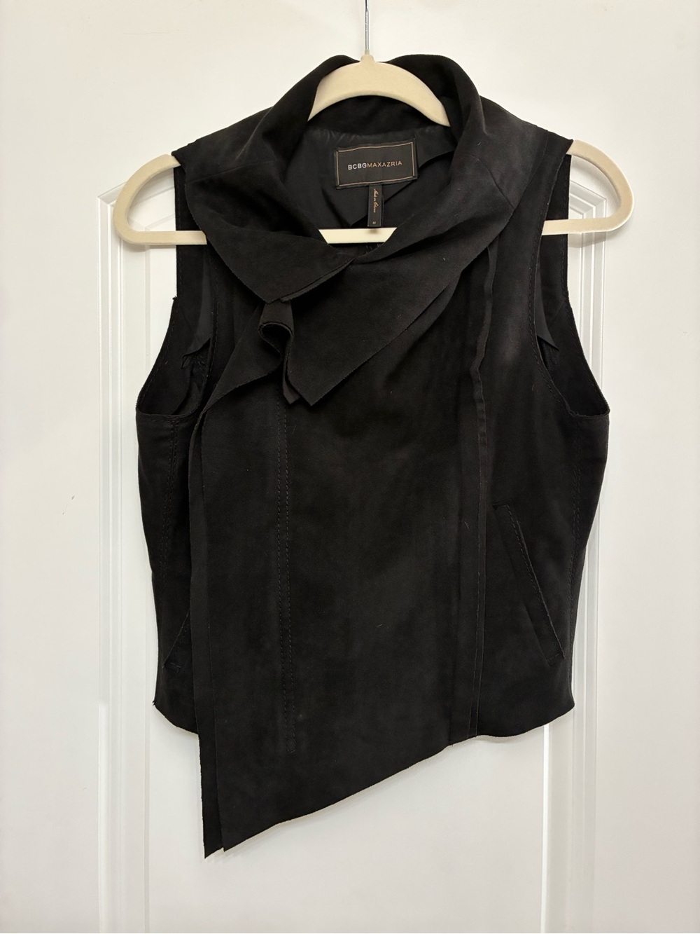 BCBGMAXAZRIA Black Suede Vegan Leather Asymmetric Vest